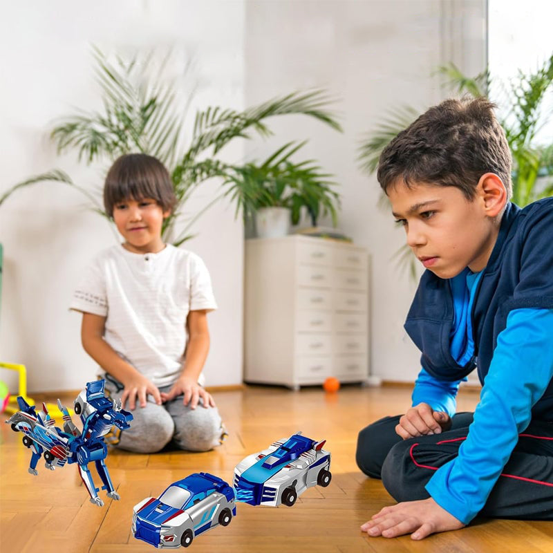 Muuntuva leluauto, joka muuttuu dinosaurukseksi tai yksisarviseksi, värikäs ja kestävä lasten lelu autoteemalla.