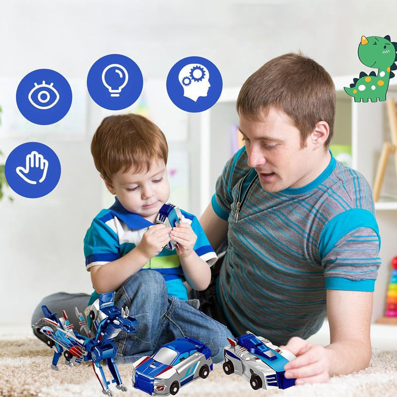 Muuntuva leluauto, joka muuttuu dinosaurukseksi tai yksisarviseksi, värikäs ja kestävä lasten lelu autoteemalla.