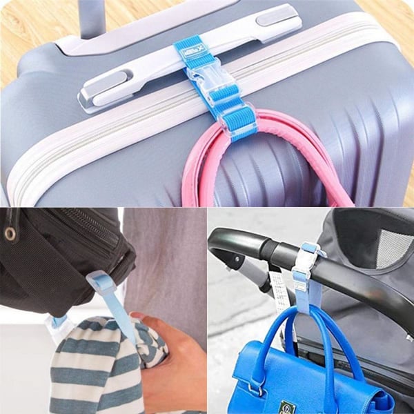 "Säädettävä matkatavarahihna kirkkaissa väreissä, kiinnitetty mustaan matkalaukkuun oranssilla ja keltaisella yksityiskohdall