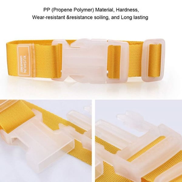 "Säädettävä matkatavarahihna kirkkaissa väreissä, kiinnitetty mustaan matkalaukkuun oranssilla ja keltaisella yksityiskohdall