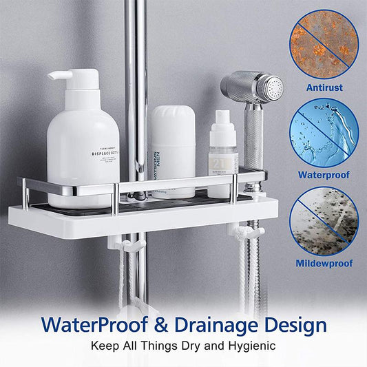 "Säädettävä suihkusäilytysteline kylpyhuoneeseen; tyylikäs, korroosionkestävä, alumiinisilla suojakaiteilla."