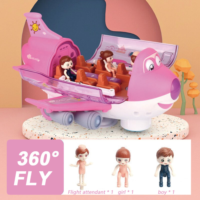 "Sininen ja vaaleanpunainen 360° pyörivä lentokonelelu toimii valo- ja ääniefektein, virkistää mielikuvitusta."