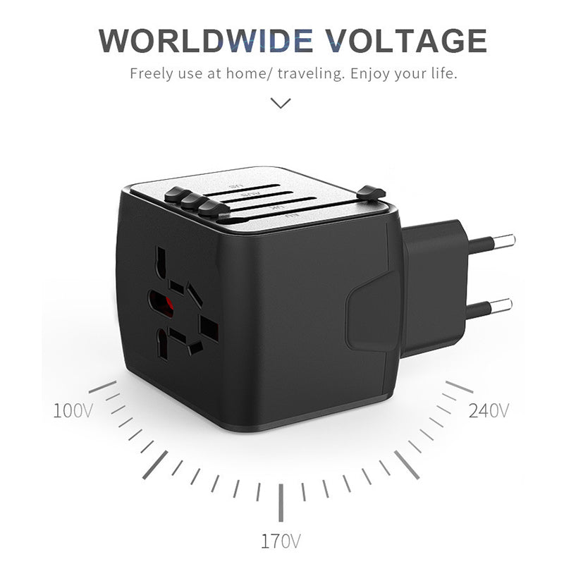 "Universaali matkapistokeadapteri 4 USB-portilla, musta, tukee US, UK, EU, AU pistokkeita, kompakti ja kannettava, elektronii