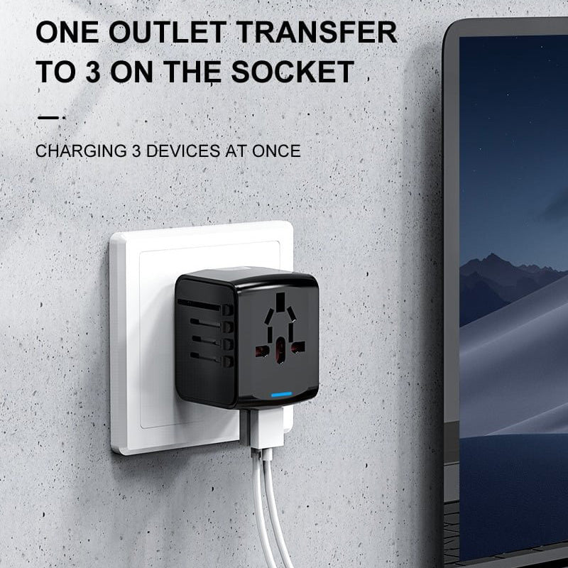 "Universaali matkapistokeadapteri 4 USB-portilla, musta, tukee US, UK, EU, AU pistokkeita, kompakti ja kannettava, elektronii