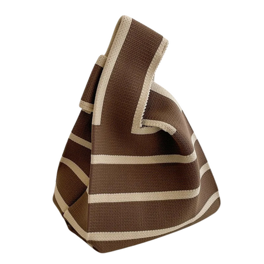 "Värikäs käsintehty neulottu raitakuvioinen kassi, mini tote muoto, rannekkeen käsikahva, kevyt ja tyylikäs asuste."