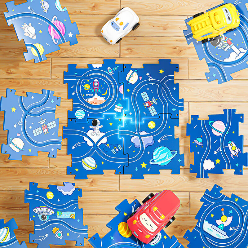 "Värikäs lasten DIY kaupunkikilparatapeli, monipuoliset palat, sähköautot, kehittää ongelmanratkaisua ja luovuutta."