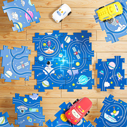 "Värikäs lasten DIY kaupunkikilparatapeli, monipuoliset palat, sähköautot, kehittää ongelmanratkaisua ja luovuutta."