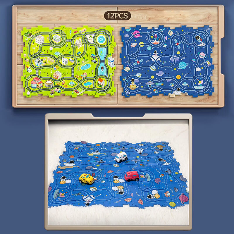 "Värikäs lasten DIY kaupunkikilparatapeli, monipuoliset palat, sähköautot, kehittää ongelmanratkaisua ja luovuutta."